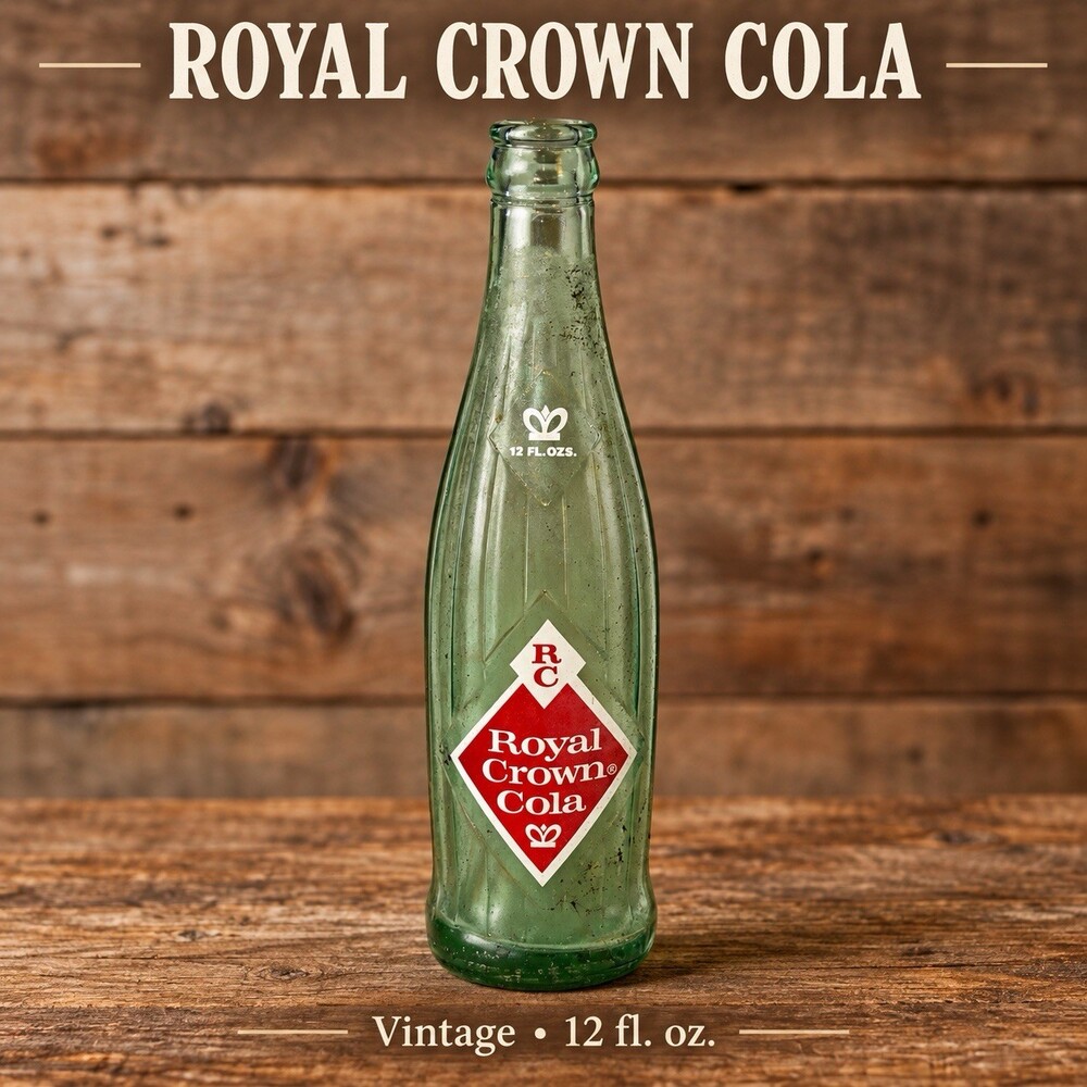 Vintage RC Royal Crown Cola 12 Oz Green Glass Soda Bottle Red White Diamond ACL